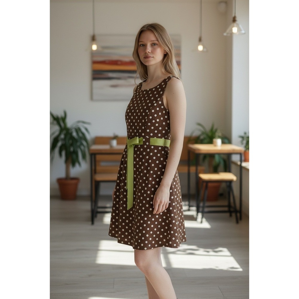 Dressbarn Brown White Polka Dot Dress 10 Retro Midi A-Line Sleeveless Classic